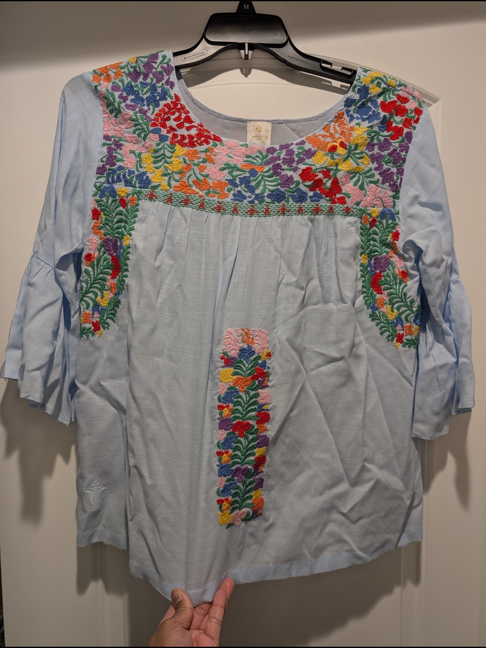 Light Blue Embroidered Peasant Blouse with Multicolor Floral Accents